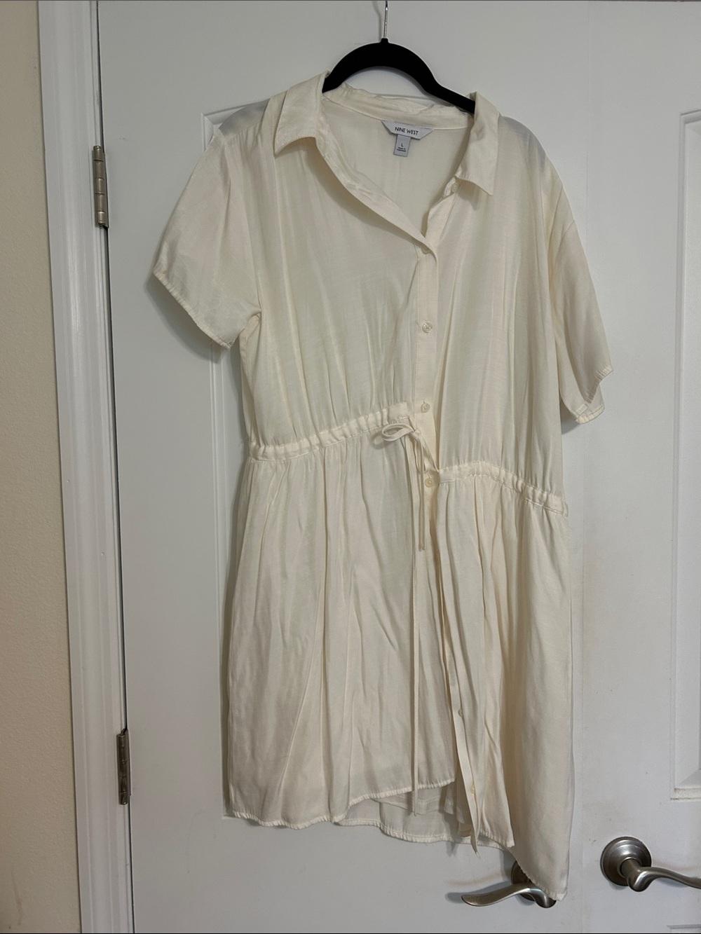 Nine West Cream Button-Front Drawstring Mini Shirt Dress